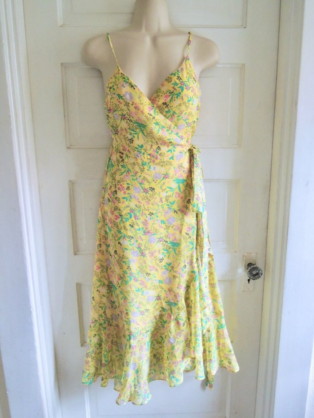 Lulus Yellow Alexandria Floral Print Midi Wrap Ruffle Dress XS